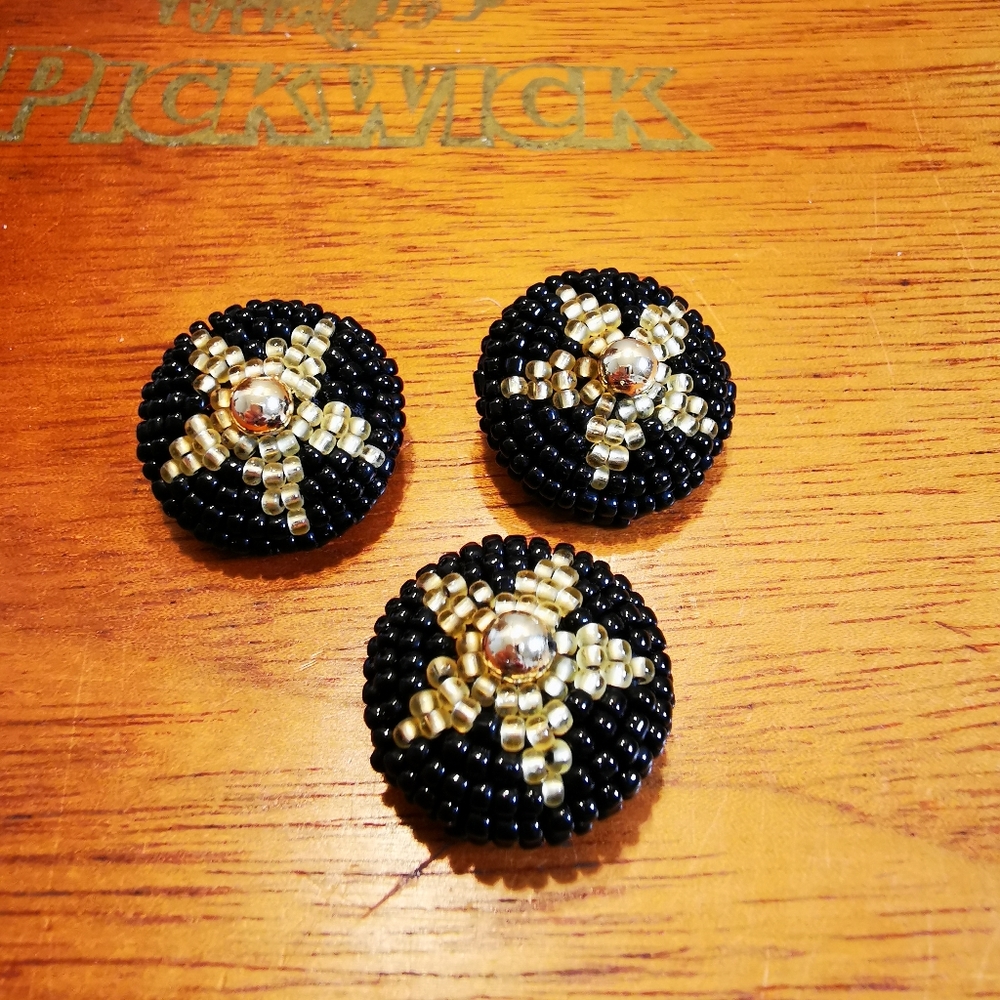 Vintage Round Black Plastic Beaded Black and Gold Star Sewing Buttons 3Pcs